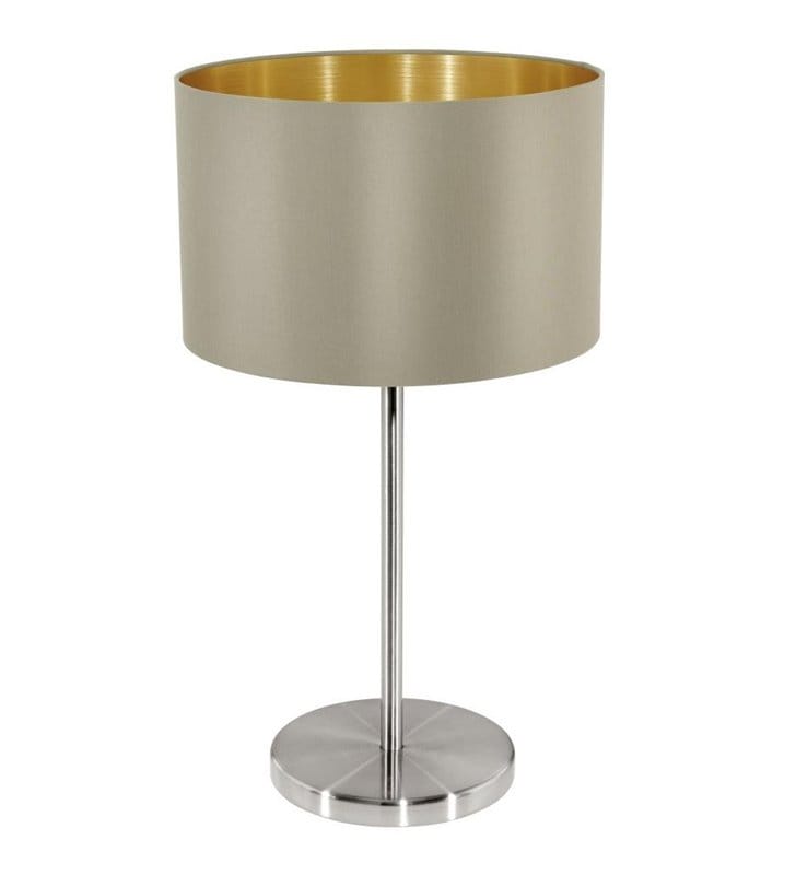 Lampa stołowa Maserlo taupe abażur ze złotym środkiem włącznik na przewodzie