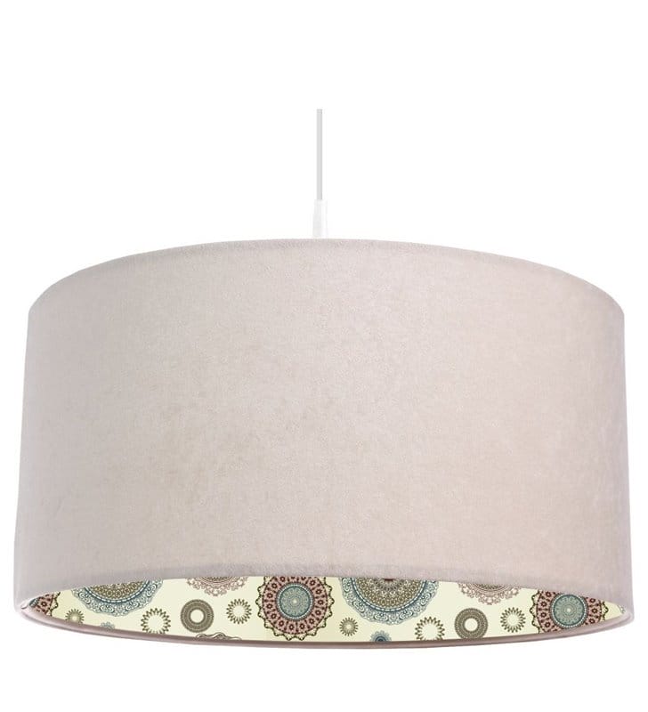 Lampa wisząca Estella kremowa z weluru wewnątrz abażura kolorowy nadruk do salonu jadalni nad stół do sypialni