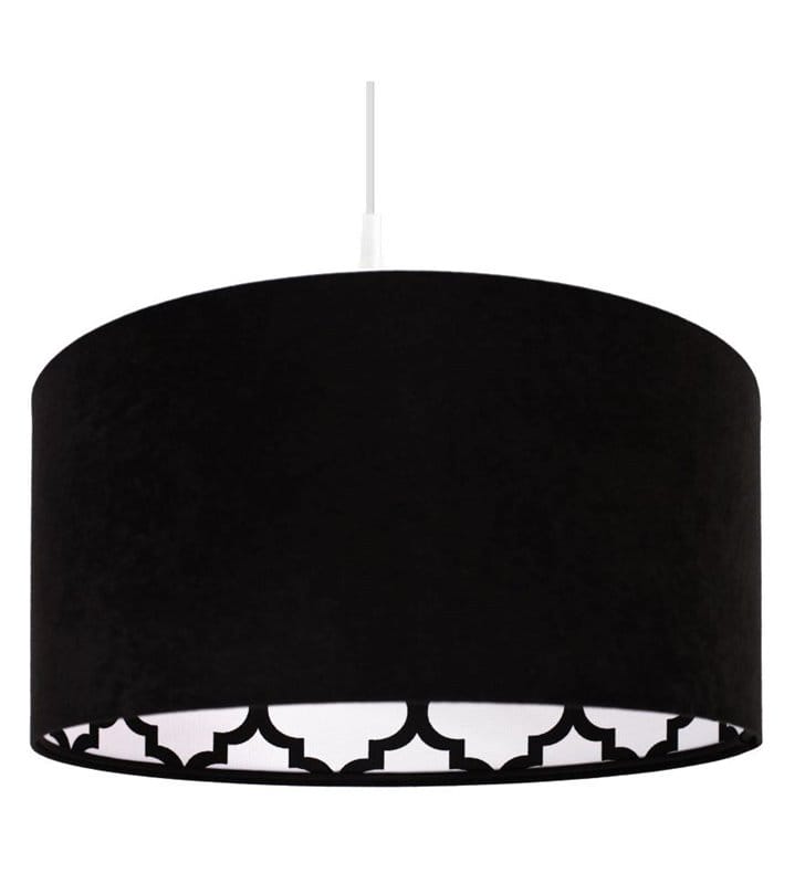 Nowoczesna lampa wisząca Aurelia czarna z weluru wewnątrz biało czarny wzór marokański na tkaninie