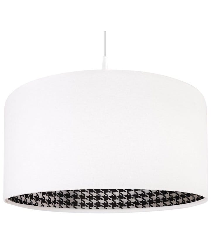 Lampa wisząca Pepitka Biała abażur z weluru wewnątrz tkanina w pepitkę do jadalni nad stół salonu sypialni