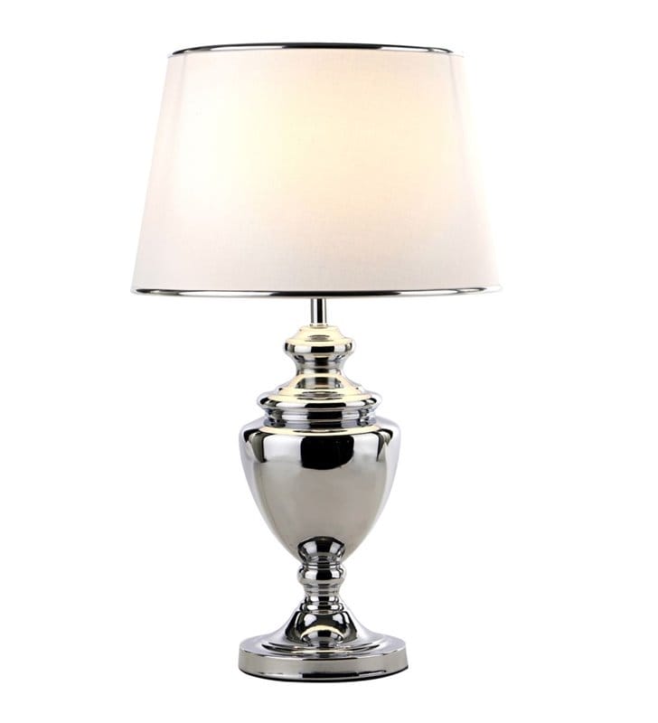 Lampa stołowa Roma podstawa chrom biały abażur styl glamour wysoka 64cm