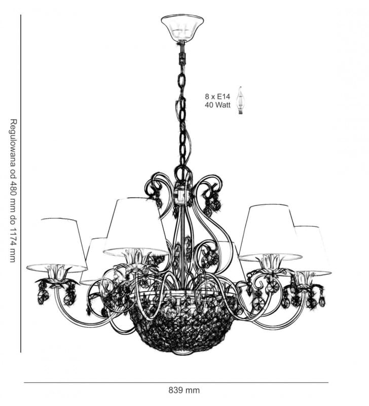 Żyrandol Baron 6 ramienny z kryształową amplą białe abażury klasyczny z kryształami do salonu sypialni jadalni bogato zdobiony