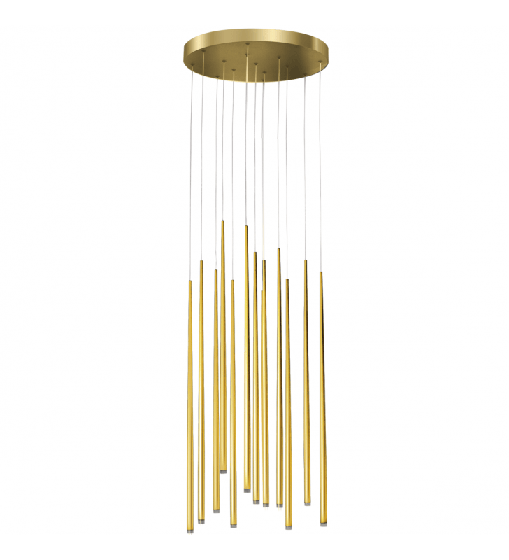 Lampa wisząca Louise złota 12 zwisowa okrągła podsufitka wąskie wysokie klosze np. nad stół na klatkę schodową