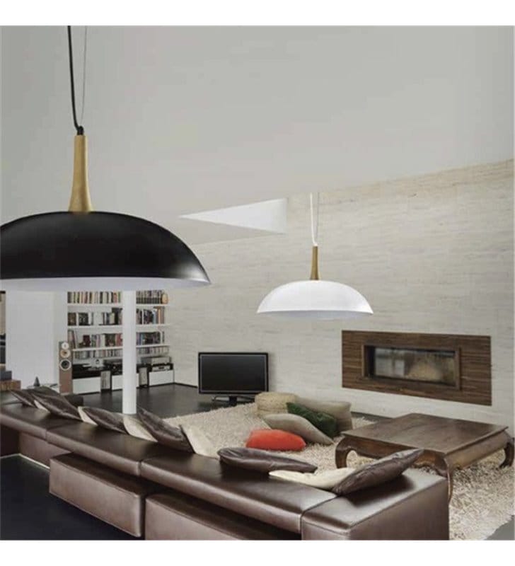 Lampa wisząca Perugia czarna okrągła 49cm z drewnianym wykończeniem do sypialni kuchni jadalni salonu