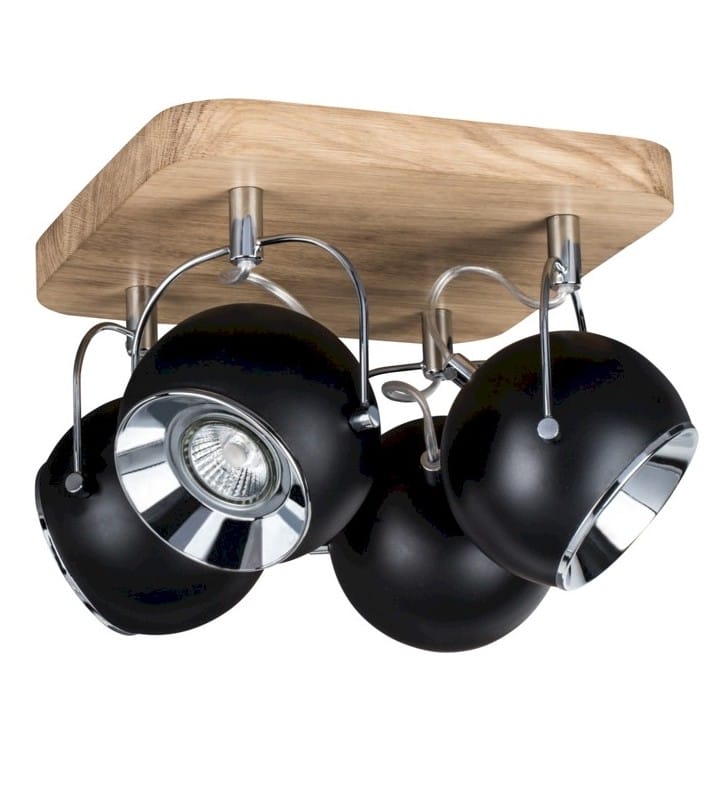 Lampa sufitowa 4 punktowa Ball Wood czarne metalowe klosze podsufitka z drewna dąb olejowany