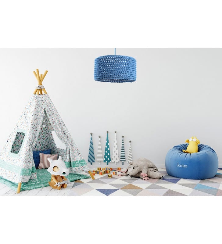 Lampa wisząca Gamma Leonis niebieska 40cm abażur dziergany z bawełnianego sznurka do pokoju dziecka salonu sypialni jadalni