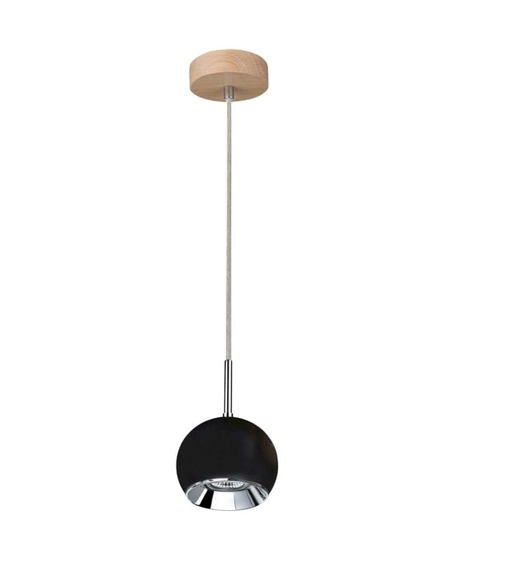Lampa wisząca Ball Wood połączenie dębu z czarnym metalem nowoczesna