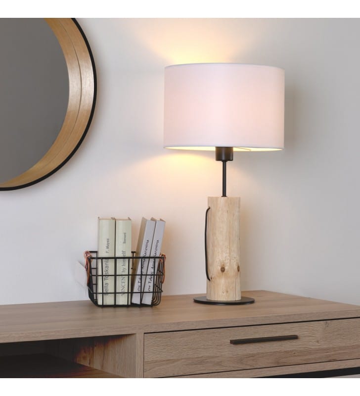 Lampa stołowa Pino podstawa naturalne drewno sosnowe biały abażur do salonu sypialni na komodę