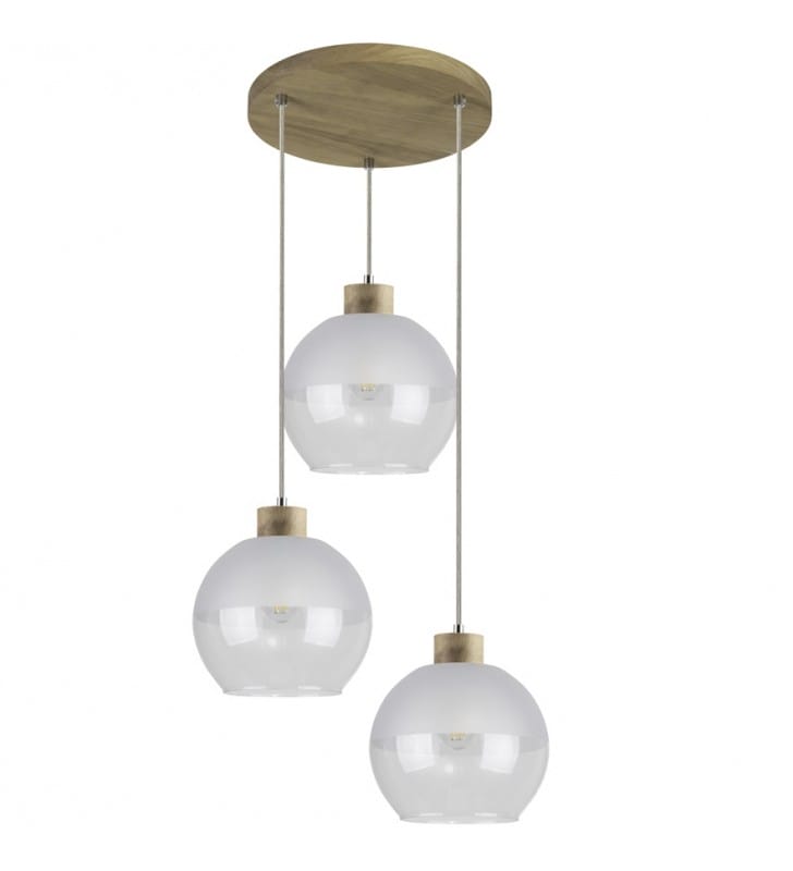 Okrągła drewniana dębowa lampa wisząca z 3 szklanymi kloszami ball Linea np. nad stół w jadalni