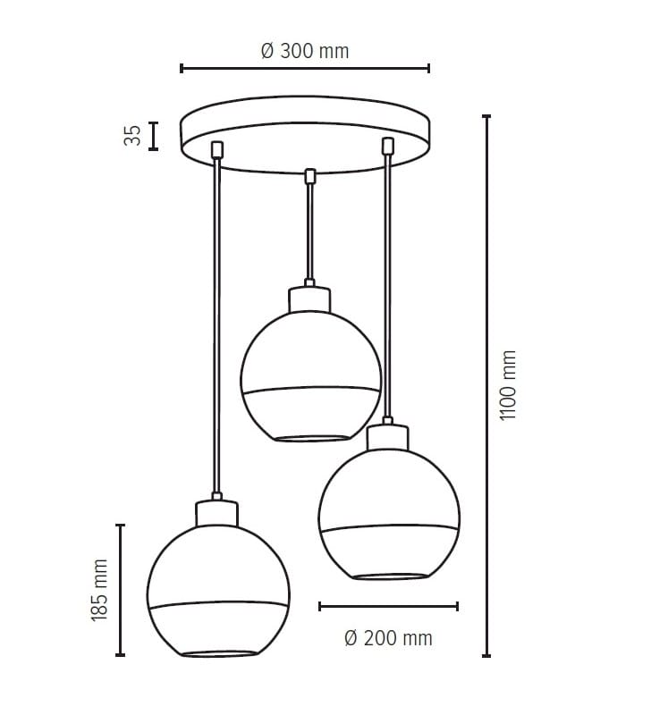 Okrągła drewniana dębowa lampa wisząca z 3 szklanymi kloszami ball Linea np. nad stół w jadalni