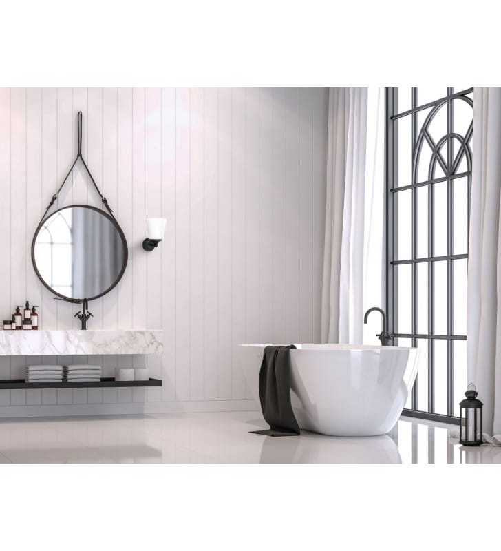 Kinkiet łazienkowy Bali montaż z boku lustra klosz szklany biały czarny metal