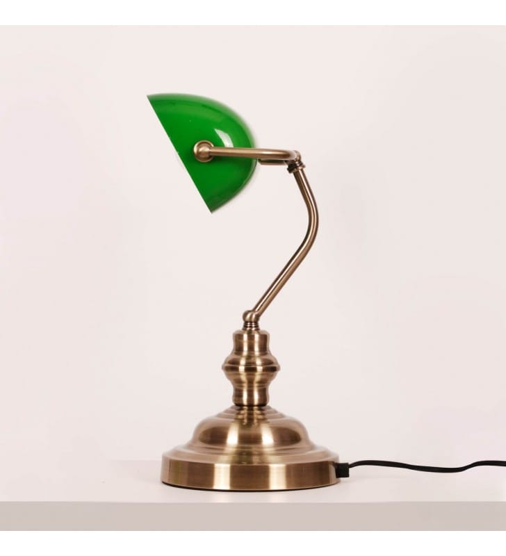 Lampa gabinetowa Bank patynowa bankierka z zielonym kloszem 34cm wysokości