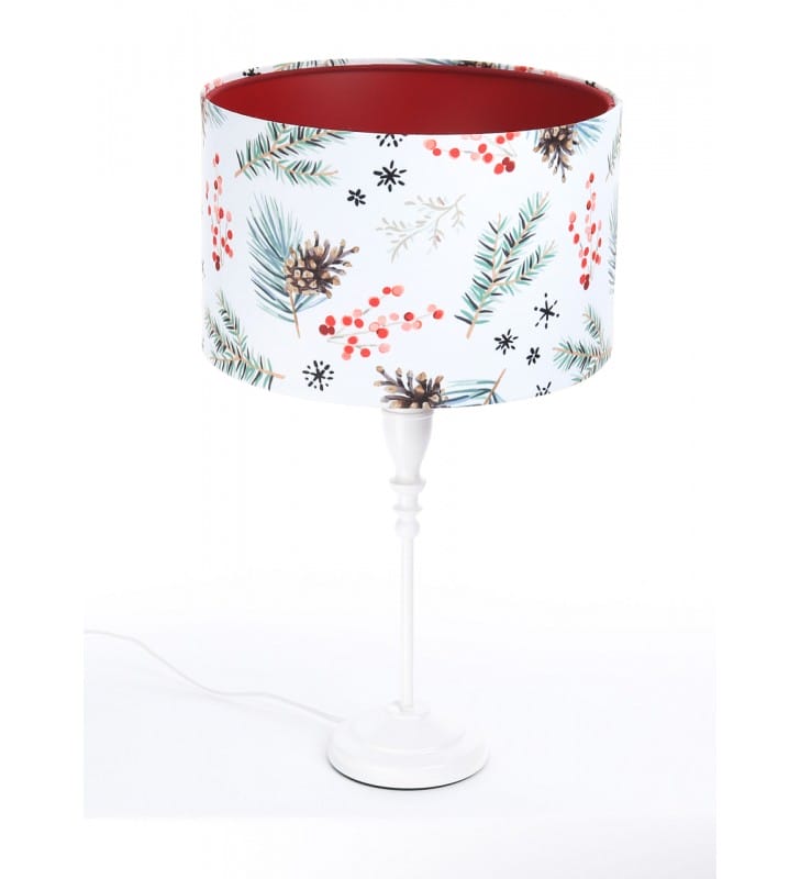 Świąteczna lampa stołowa Christmas1 abażur welurowy z dekorem świątecznym czerwone wnętrze biała dekoracyjna  podstawa