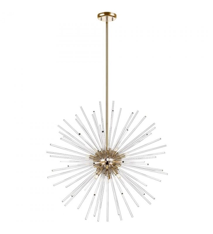 Duża metrowa złota lampa wisząca Urchin ze szklanymi bezbarwnymi pręcikami do wysokiego salonu