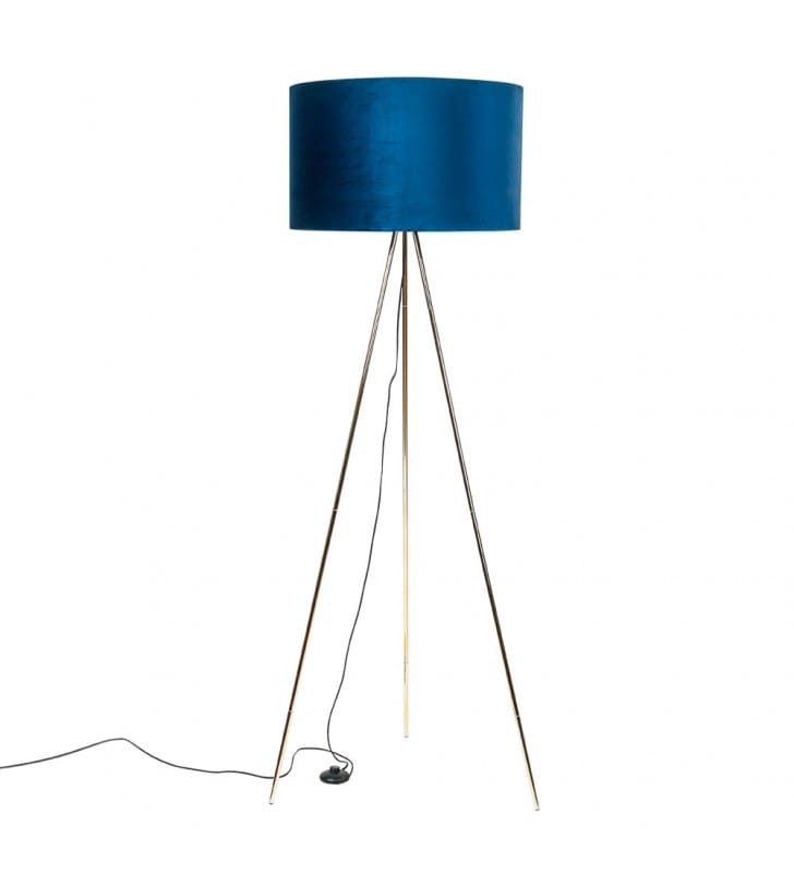 Lampa stojąca podłogowa Inga abażur niebieski złoty trójnóg do salonu sypialni włącznik nożny