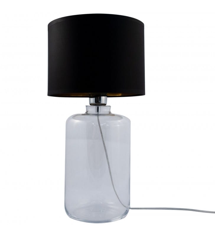 Lampa na stolik nocny lub komodę Samasun czarny abażur ze złotym środkiem szklana transparentna podstawa włącznik na kablu