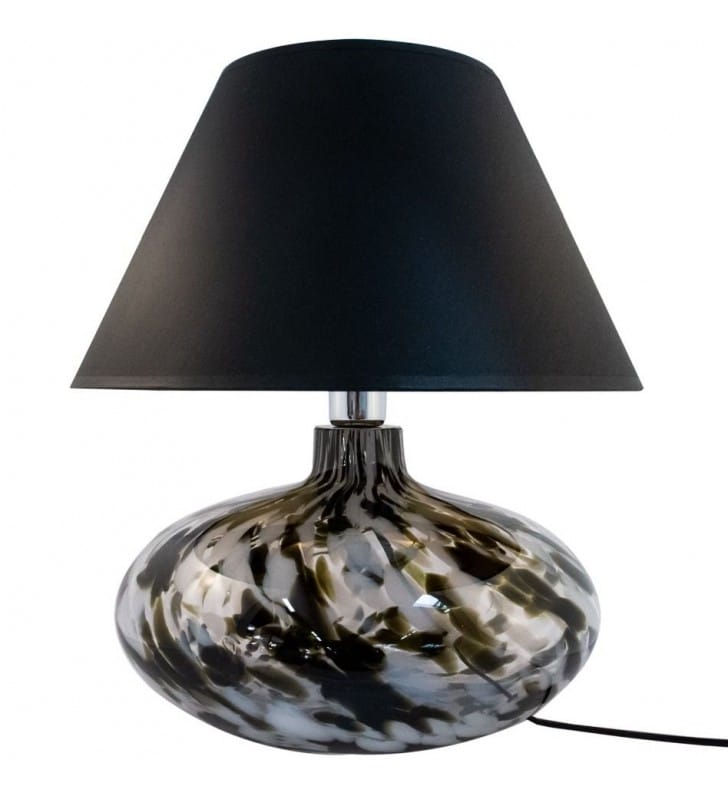 Lampa stołowa Adana 44cm abażur z tkaniny czarno złoty podstawa szklana włącznik na przewodzie