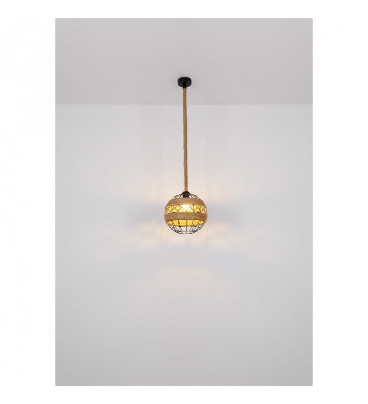 Lampa wisząca Ulleu czarna kula wykończenie z lin konopnych styl vintage