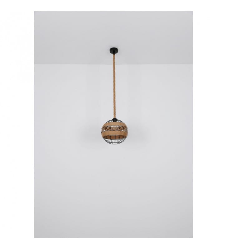 Lampa wisząca Ulleu czarna kula wykończenie z lin konopnych styl vintage