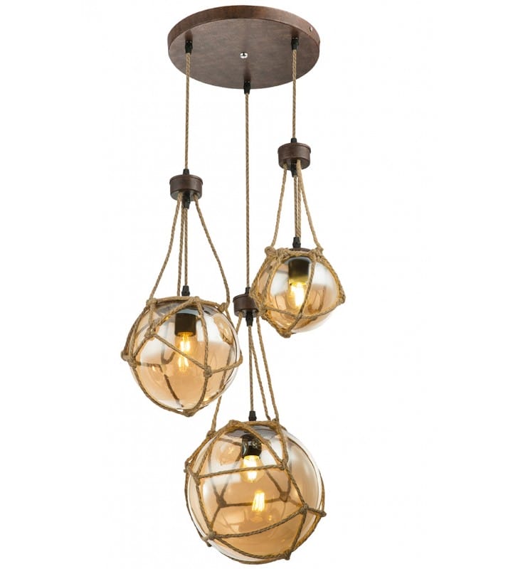 Lampa wisząca Tiko oryginalna 3 zwisy szklane kula siatki z lin do wnętrz w stylu vintage