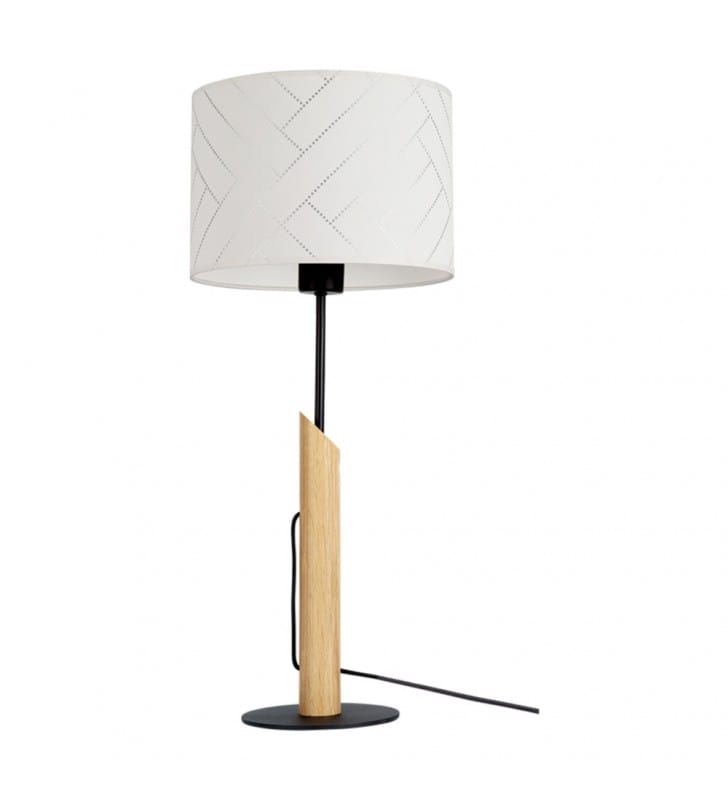Lampa stołowa na komodę Punto wysoka 65cm biały abażur ze wzorem drewno metal włącznik na kablu