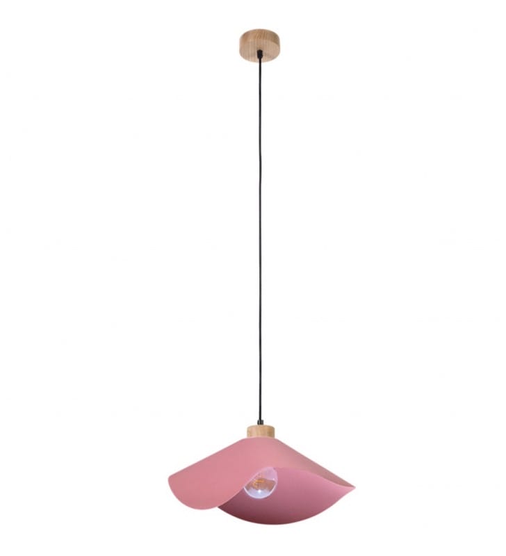 Lampa wisząca Hattu 40cm do sypialni różowa abażur z tkaniny drewno