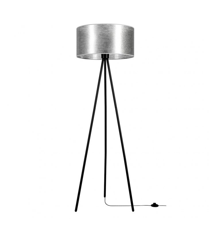 Lampa stojąca Nevoa srebrny abażur z fizeliny czarny metalowy trójnóg do salonu sypialni