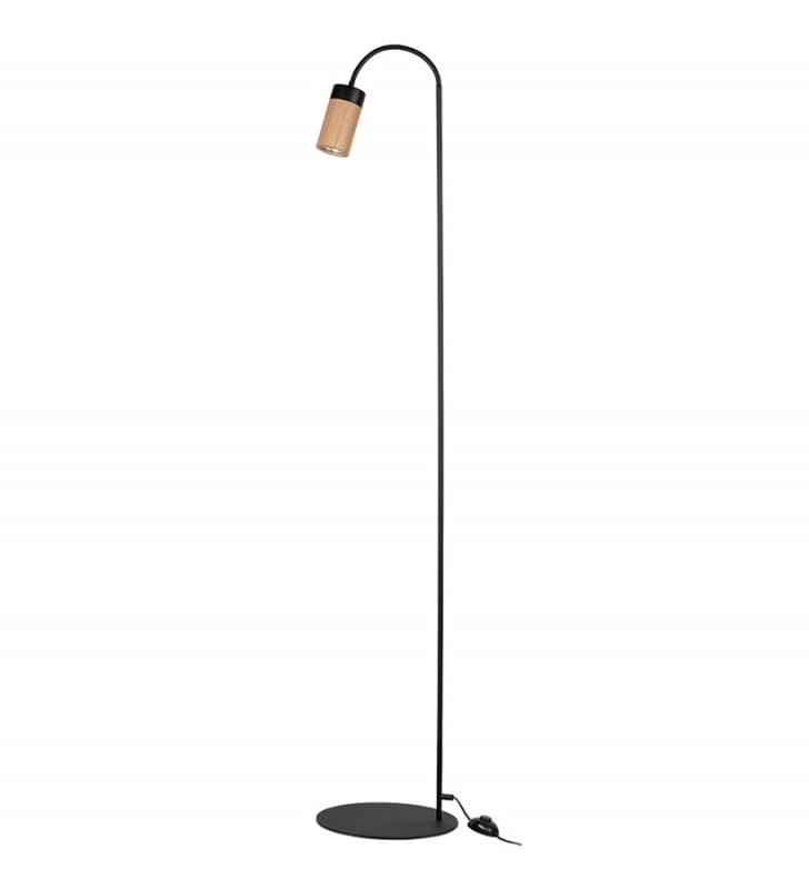 Lampa podłogowa z drewnianym kloszem Annick czarny metal giętkie ramię 1xGU10