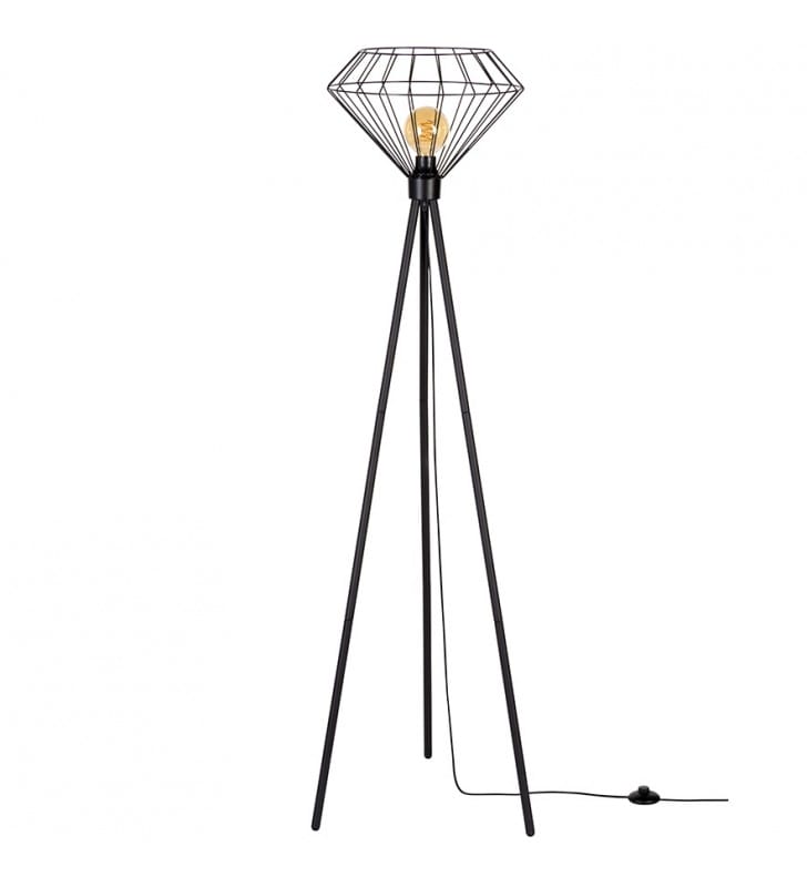 Lampa stojąca na trzech nogach Raquelle czarna klosz druciany diament styl nowoczesny loft