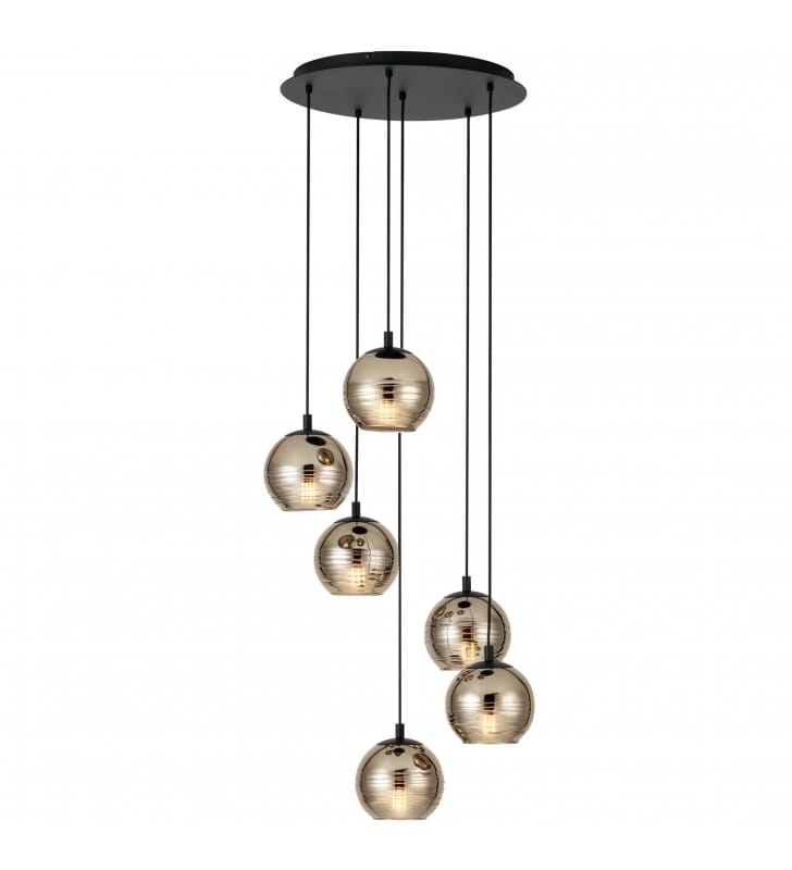 Nowoczesna stylowa 6 zwisowa lampa Lemorieta spirala czarno złota szklane klosze kule np. nad stół schody do salonu