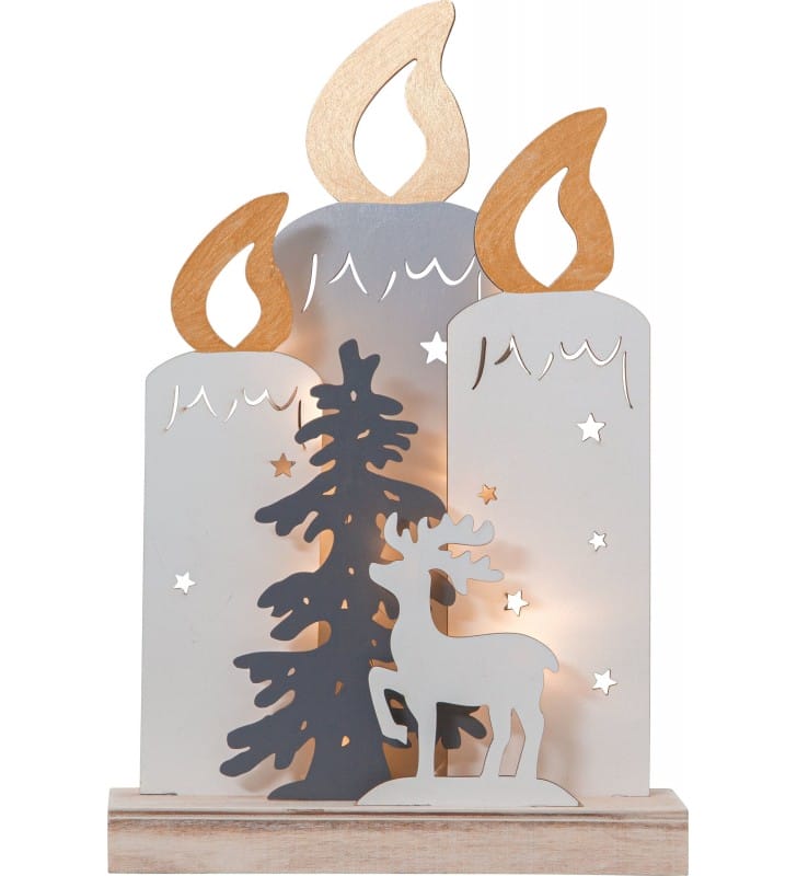 Drewniana dekoracja świąteczna do postawienia Fauna 3 świece renifer na baterie