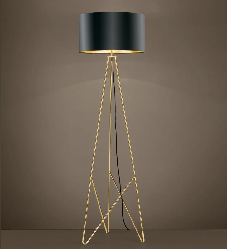Lampa podłogowa Camporale nowoczesna oryginalna druciana podstawa kolor mosiądz czarny abażur złote wnętrze do salonu sypialni