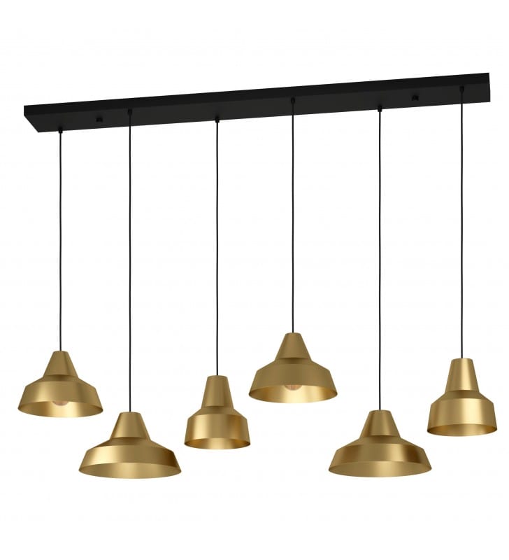 Długa 6 pkt czarno złota lampa wisząca nad długi stół Savarna w stylu industrialnym 6xE27