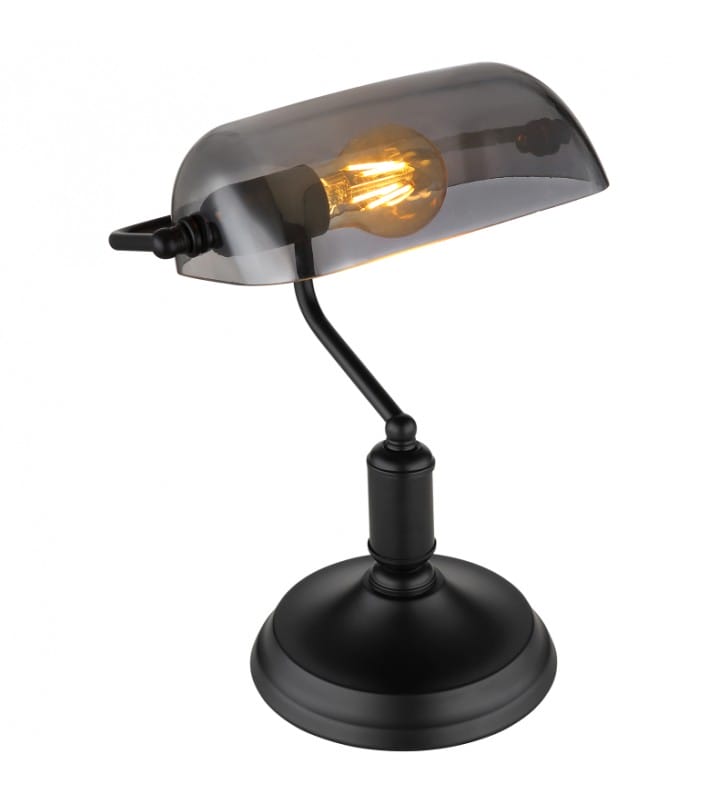 Antique czarna lampa gabinetowa typu bankierka ze szklanym kloszem