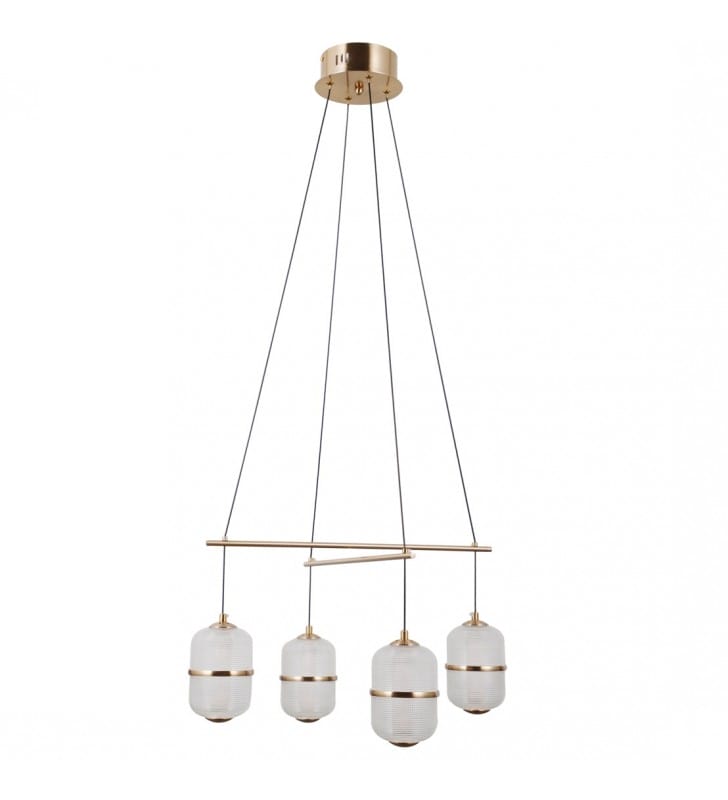 Złota lampa wisząca do salonu Alani LED z 4 szklanymi kloszami
