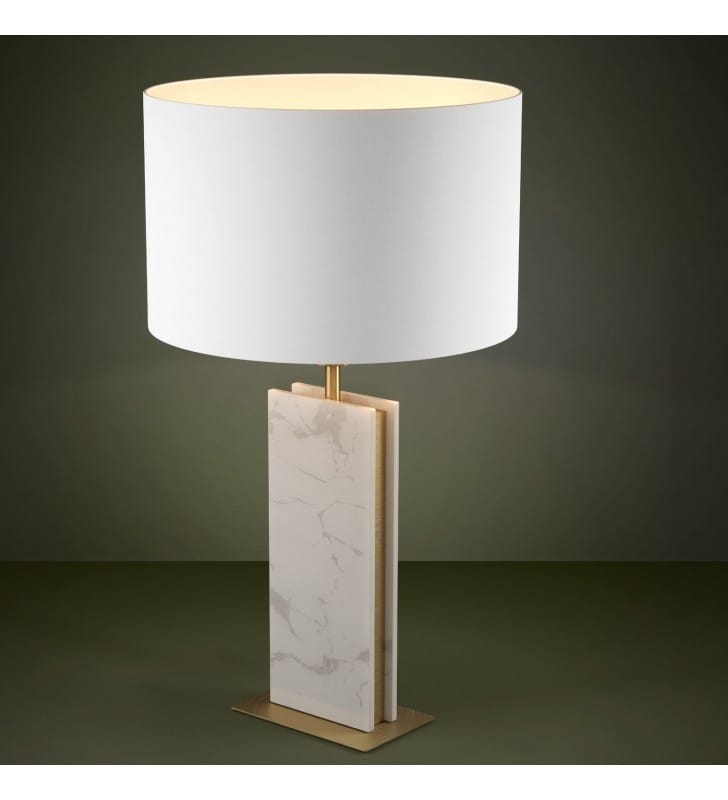Elegancka wysoka lampa stołowa Belesar biała mosiądz kamień abażur stylowa